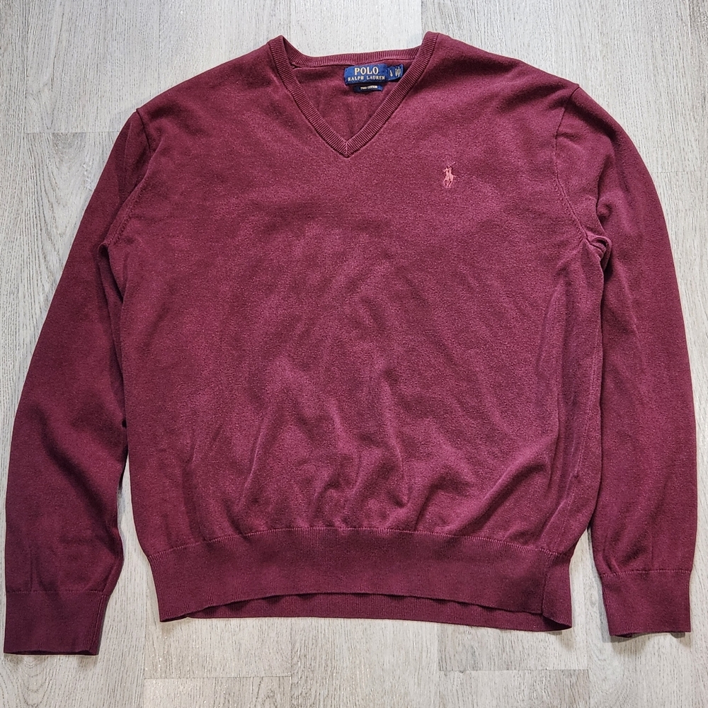 Polo Ralph Lauren Sweater Mens Large Burgundy V-Neck Pima Cotton Knit Pullover